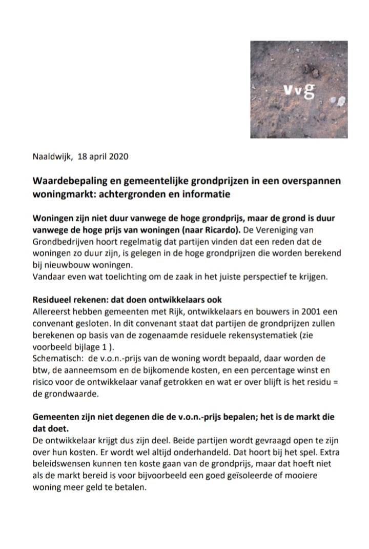 Memo VvG over grondprijzen